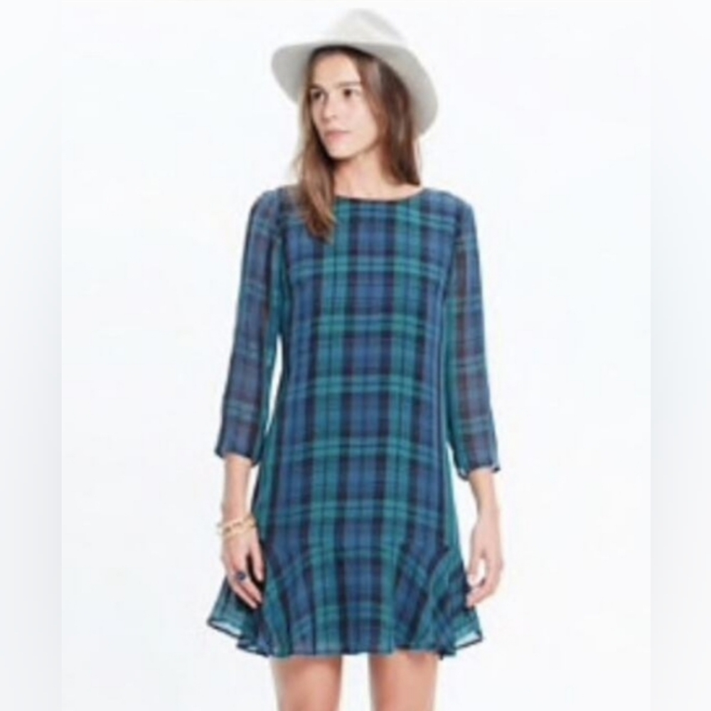 MADEWELL Larkin Silk Dress 6 tartan plaid long-sleeve Preppy Grunge Xmas mini S